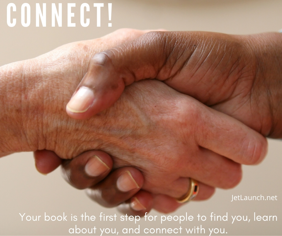 Two people shaking hands, showing your book is the first point of connection with your customers.