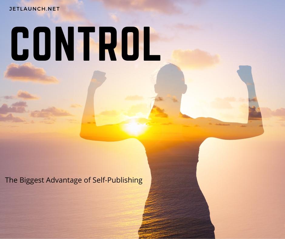 Woman flexing her muscles, showing control is one of the biggest advantages to self-publishing.